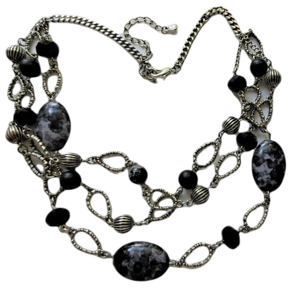RMN Multi-Strand Necklace Black Gray Acrylic Beads Silver Tone 19-22"